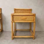 Load image into Gallery viewer, Pair of Vintage Bamboo &amp; Cane Bedside Tables — With Drawer
