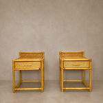 Load image into Gallery viewer, Pair of Vintage Bamboo &amp; Cane Bedside Tables — With Drawer
