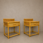 Load image into Gallery viewer, Pair of Vintage Bamboo &amp; Cane Bedside Tables — With Drawer
