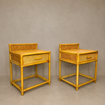 Load image into Gallery viewer, Pair of Vintage Bamboo &amp; Cane Bedside Tables — With Drawer
