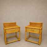 Load image into Gallery viewer, Pair of Vintage Bamboo &amp; Cane Bedside Tables — With Drawer
