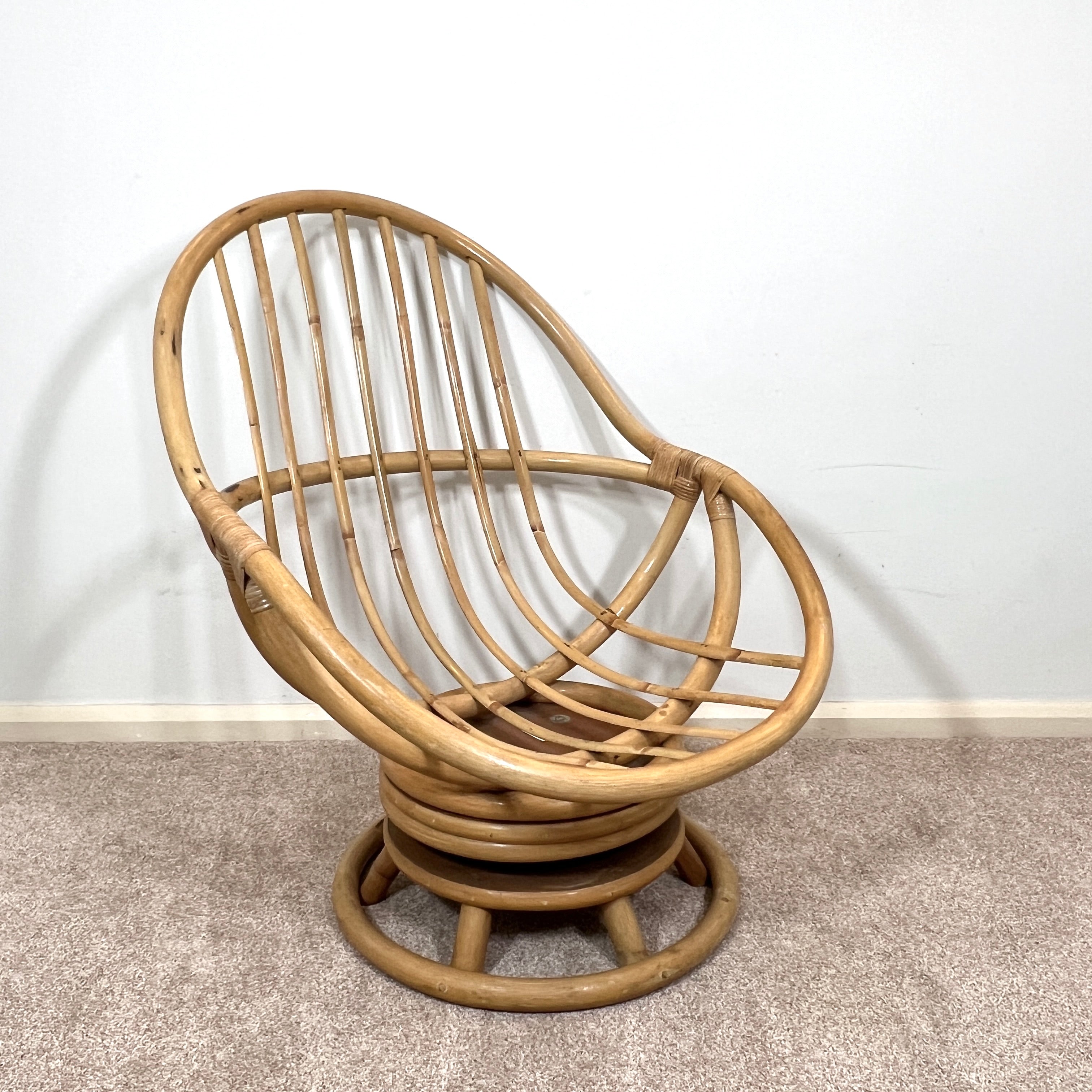 Angraves Vintage Bamboo Cane Swivel Rocking Egg Chair, Mid Century Lounge Nursing Chair, Boho Tiki