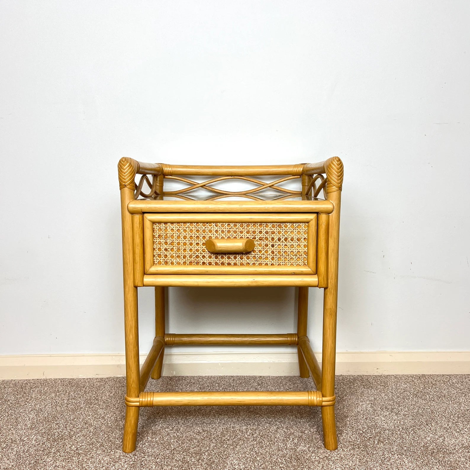 Rattan Bamboo Cane Bedside Table with drawer, Boho Retro Tiki