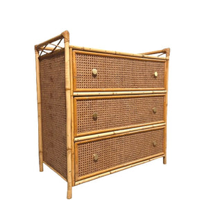 Vintage Boho Bamboo Rattan Chest of 3 Drawers