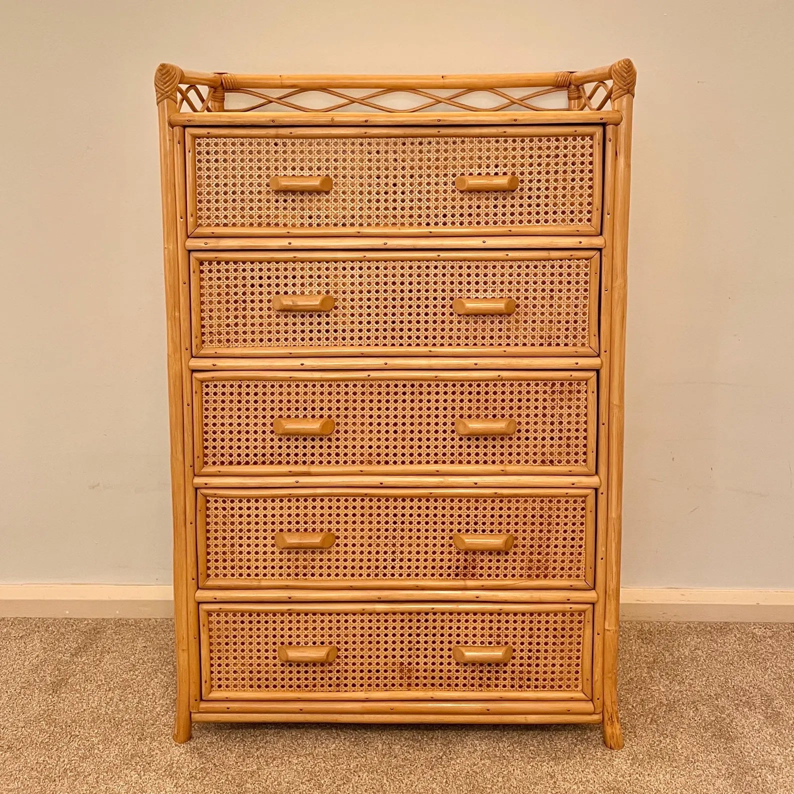 Vintage Boho Bamboo Rattan Chest of 5 Drawers