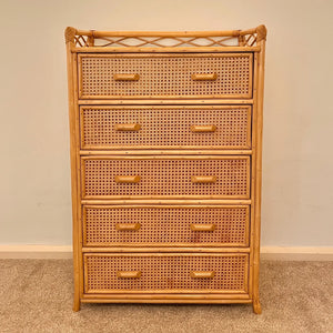 Vintage Boho Bamboo Rattan Chest of 5 Drawers