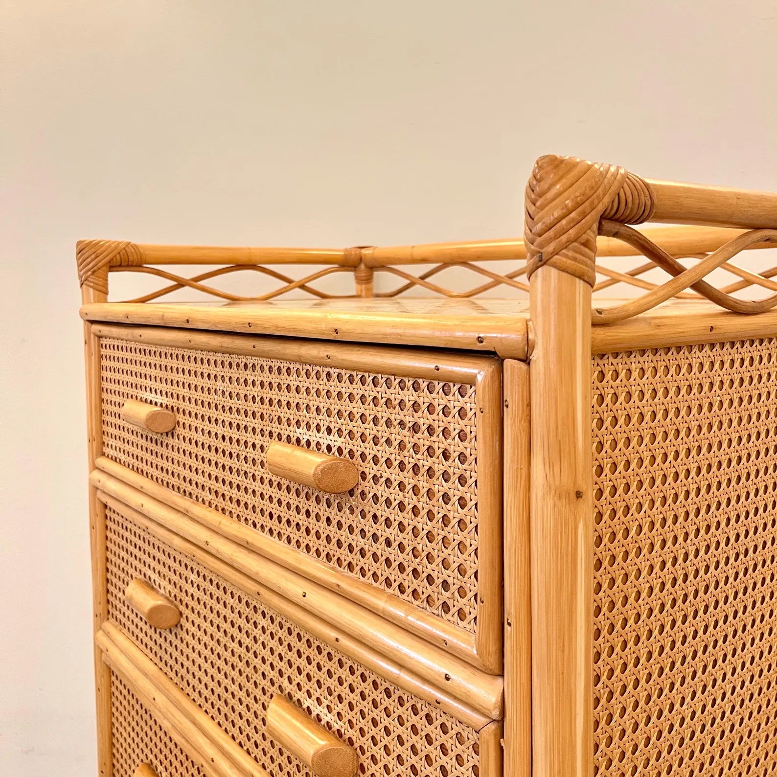 Vintage Boho Bamboo Rattan Chest of 5 Drawers