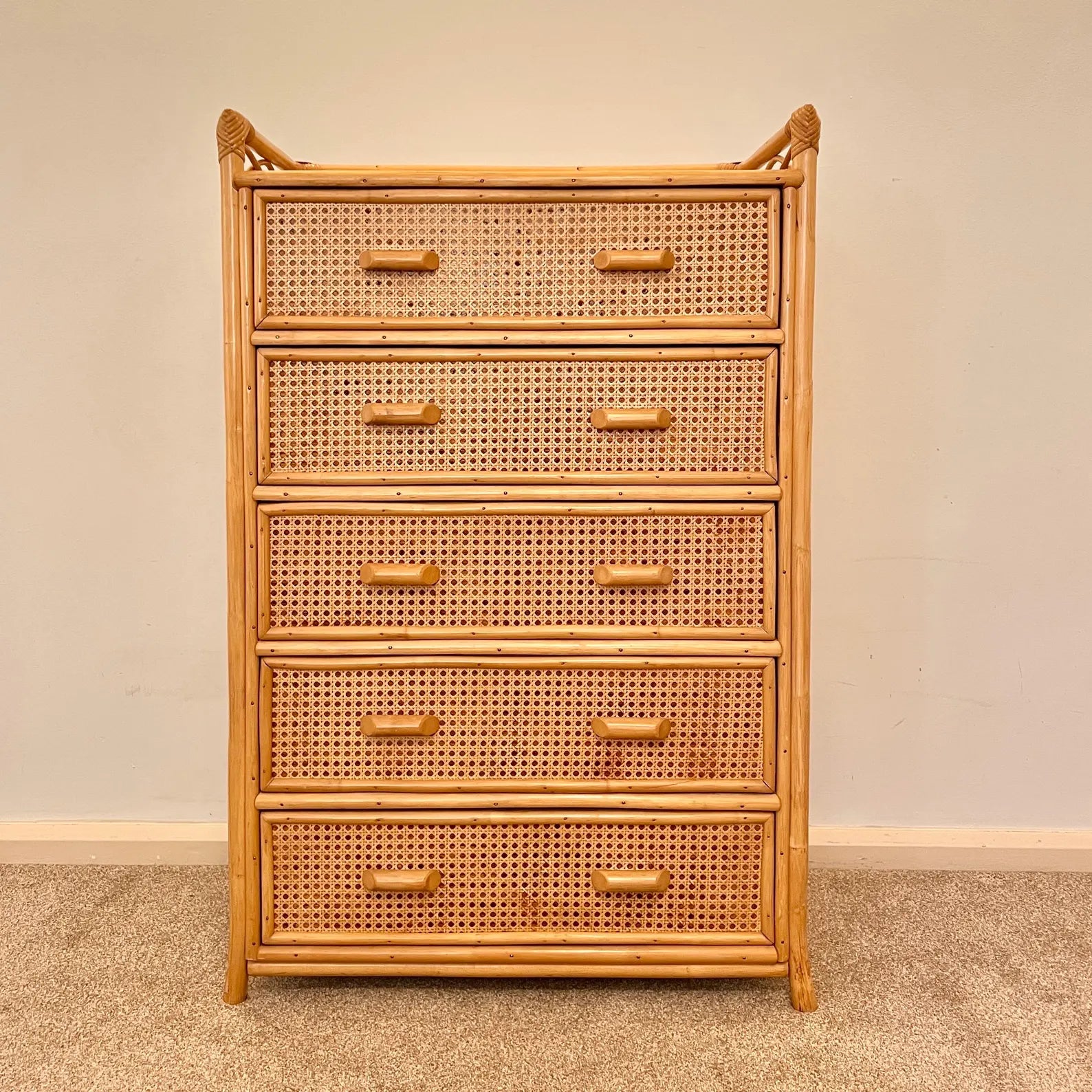Vintage Boho Bamboo Rattan Chest of 5 Drawers