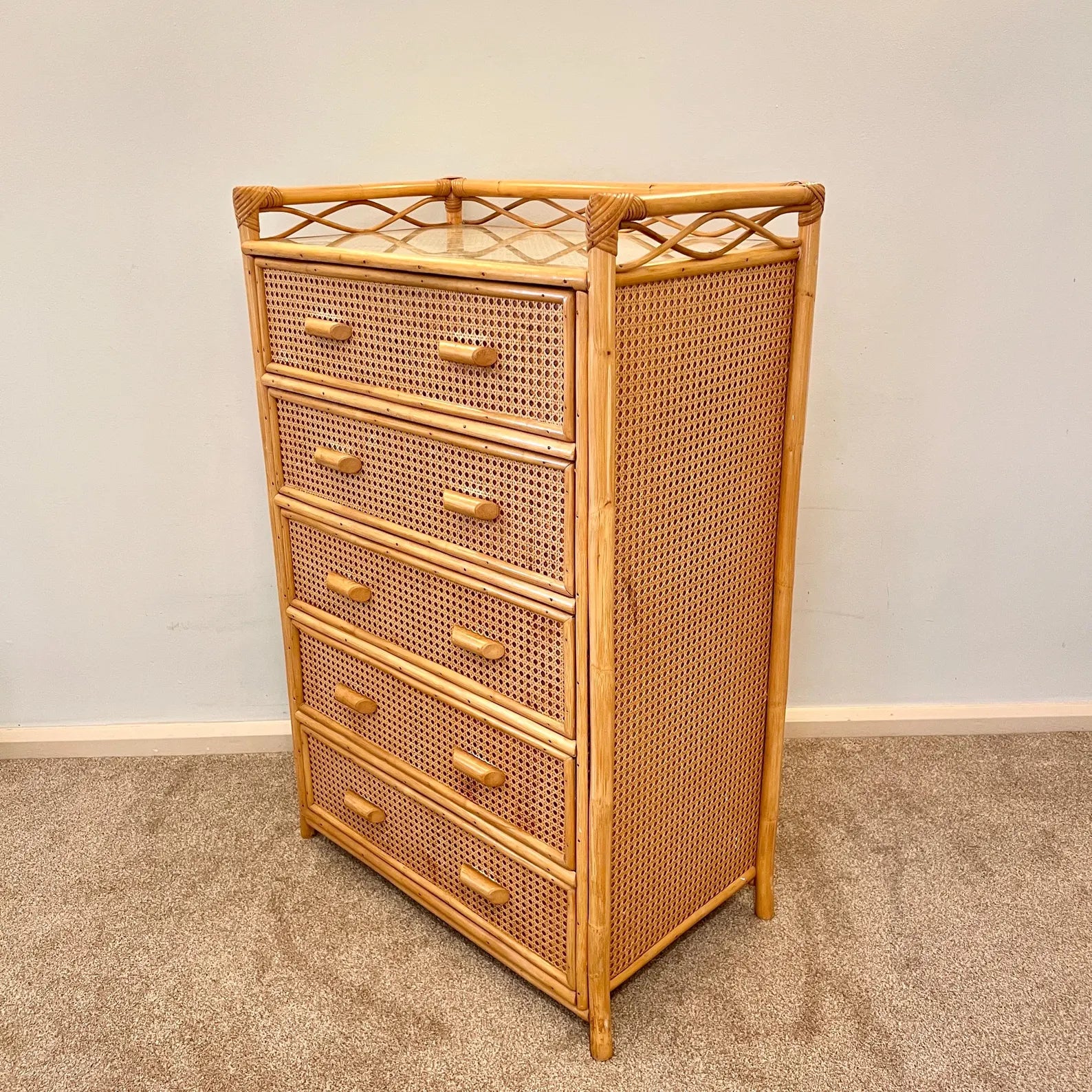 Vintage Boho Bamboo Rattan Chest of 5 Drawers