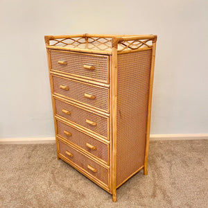 Vintage Boho Bamboo Rattan Chest of 5 Drawers