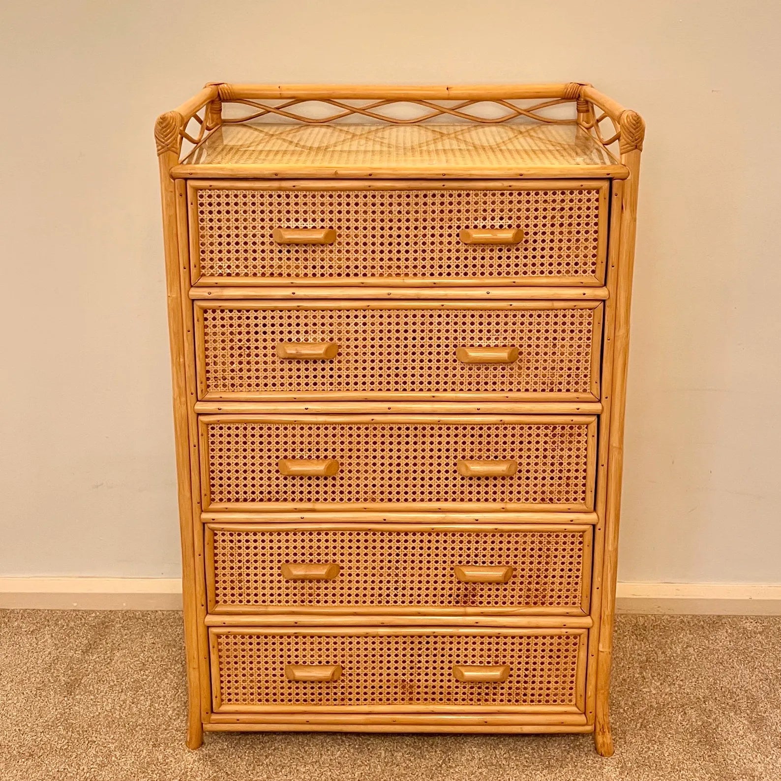Vintage Boho Bamboo Rattan Chest of 5 Drawers