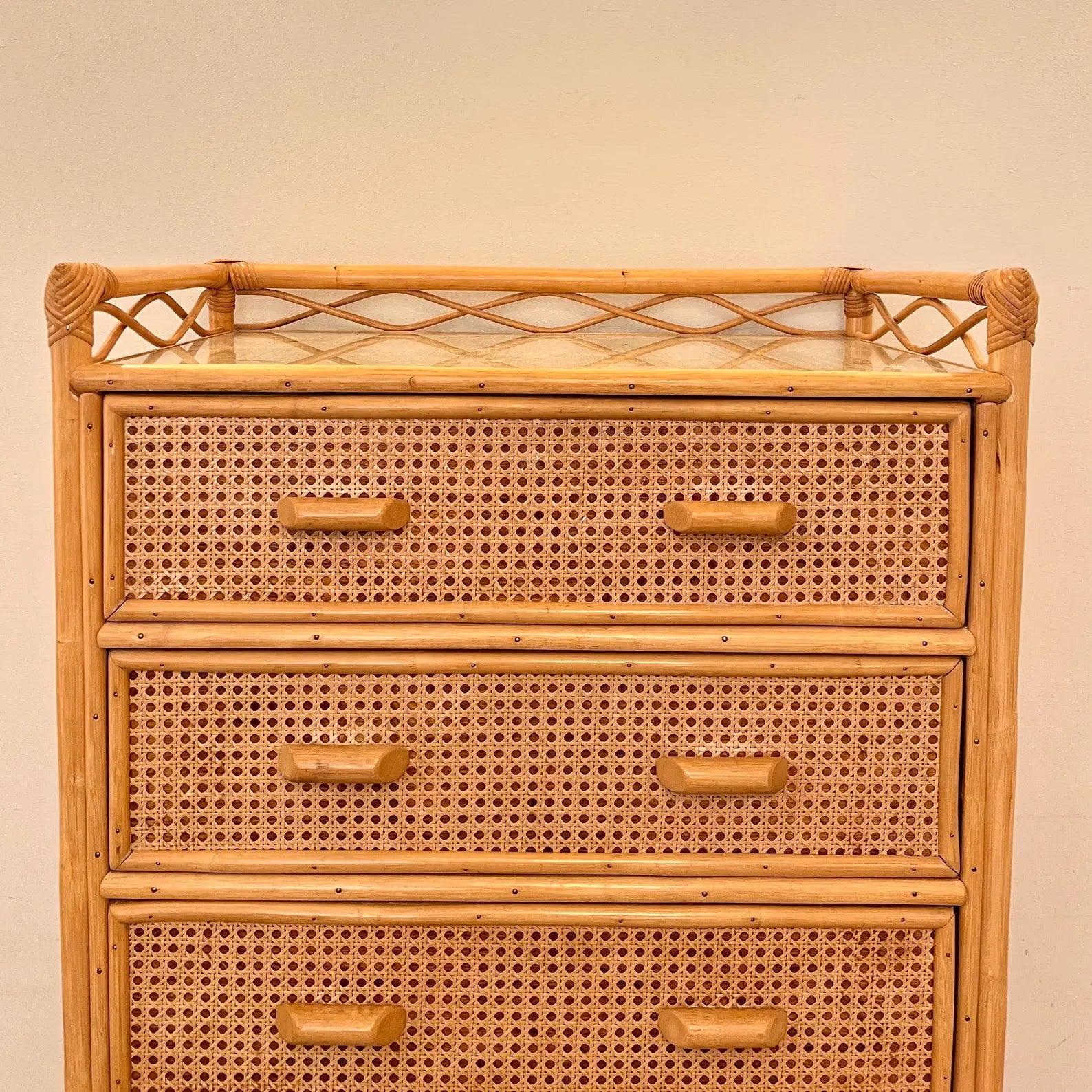 Vintage Boho Bamboo Rattan Chest of 5 Drawers
