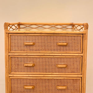 Vintage Boho Bamboo Rattan Chest of 5 Drawers