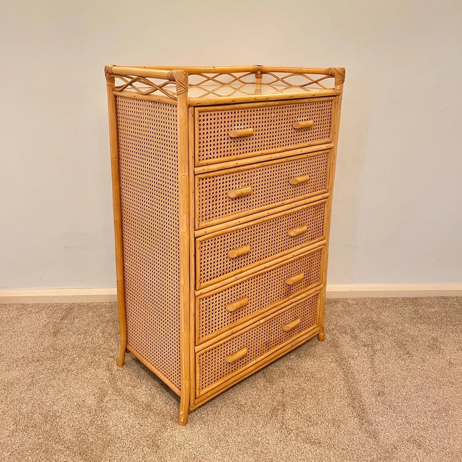 Vintage Boho Bamboo Rattan Chest of 5 Drawers