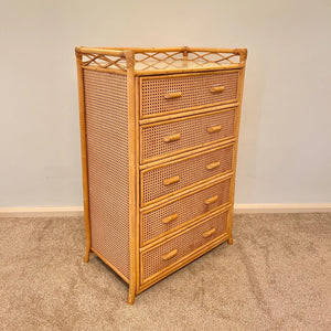 Vintage Boho Bamboo Rattan Chest of 5 Drawers