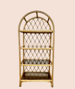 Load image into Gallery viewer, Vintage Rattan Arched Shelving Unit — Four Smoked Glass Shelves
