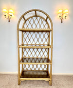 Load image into Gallery viewer, Vintage Rattan Arched Shelving Unit — Four Smoked Glass Shelves
