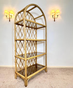 Load image into Gallery viewer, Vintage Rattan Arched Shelving Unit — Four Smoked Glass Shelves
