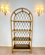 Load image into Gallery viewer, Vintage Rattan Arched Shelving Unit — Four Smoked Glass Shelves
