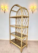 Load image into Gallery viewer, Vintage Rattan Arched Shelving Unit — Four Smoked Glass Shelves
