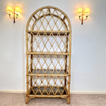 Load image into Gallery viewer, Vintage Rattan Arched Shelving Unit — Four Smoked Glass Shelves
