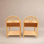Load image into Gallery viewer, Pair of Vintage Bamboo &amp; Cane Bedside Tables, Arched Fan Backs, Drawer &amp; Shelf

