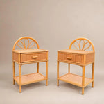 Load image into Gallery viewer, Pair of Vintage Bamboo &amp; Cane Bedside Tables, Arched Fan Backs, Drawer &amp; Shelf
