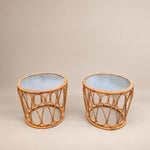 Load image into Gallery viewer, Pair of Vintage Bamboo &amp; Rattan Round Side Tables, Rippled Glass Tops
