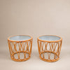 Pair of Vintage Bamboo & Rattan Round Side Tables, Rippled Glass Tops