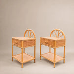 Load image into Gallery viewer, Pair of Vintage Bamboo &amp; Cane Bedside Tables, Arched Fan Backs, Drawer &amp; Shelf
