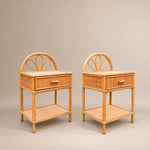 Load image into Gallery viewer, Pair of Vintage Bamboo &amp; Cane Bedside Tables, Arched Fan Backs, Drawer &amp; Shelf
