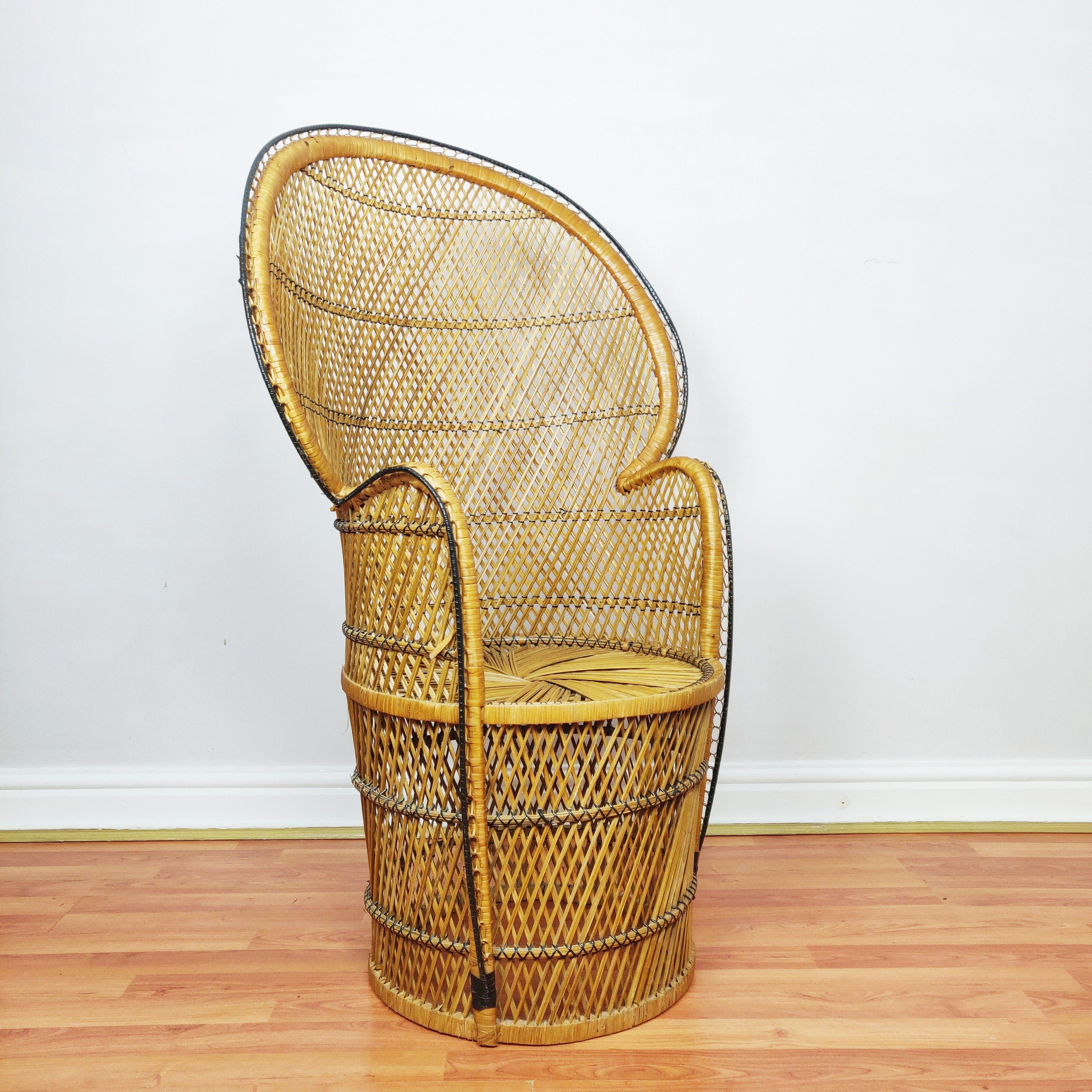 Vintage Peacock Chair Bamboo Cane, Wicker Emmanuelle Chair, Boho Tiki