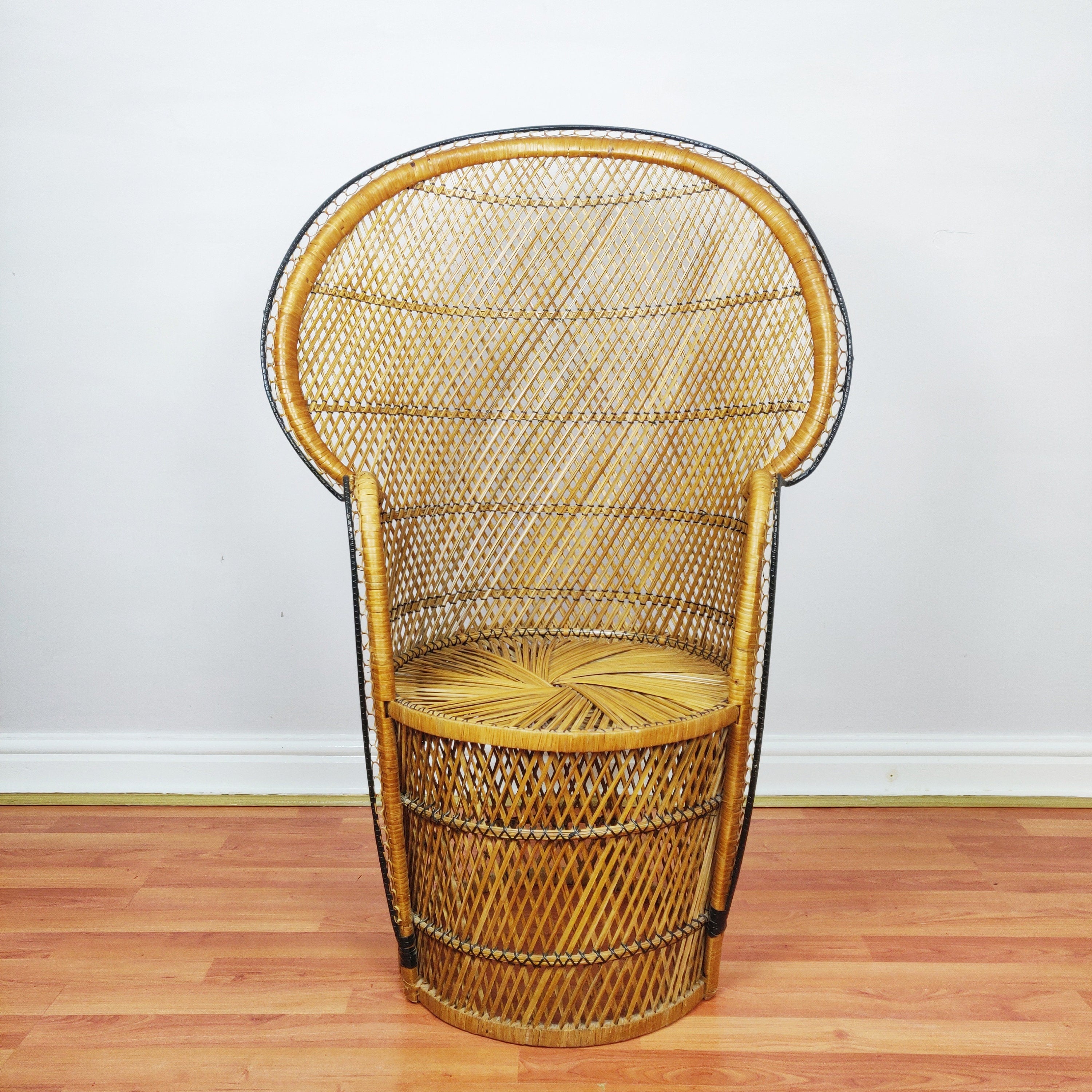 Vintage Peacock Chair Bamboo Cane, Wicker Emmanuelle Chair, Boho Tiki
