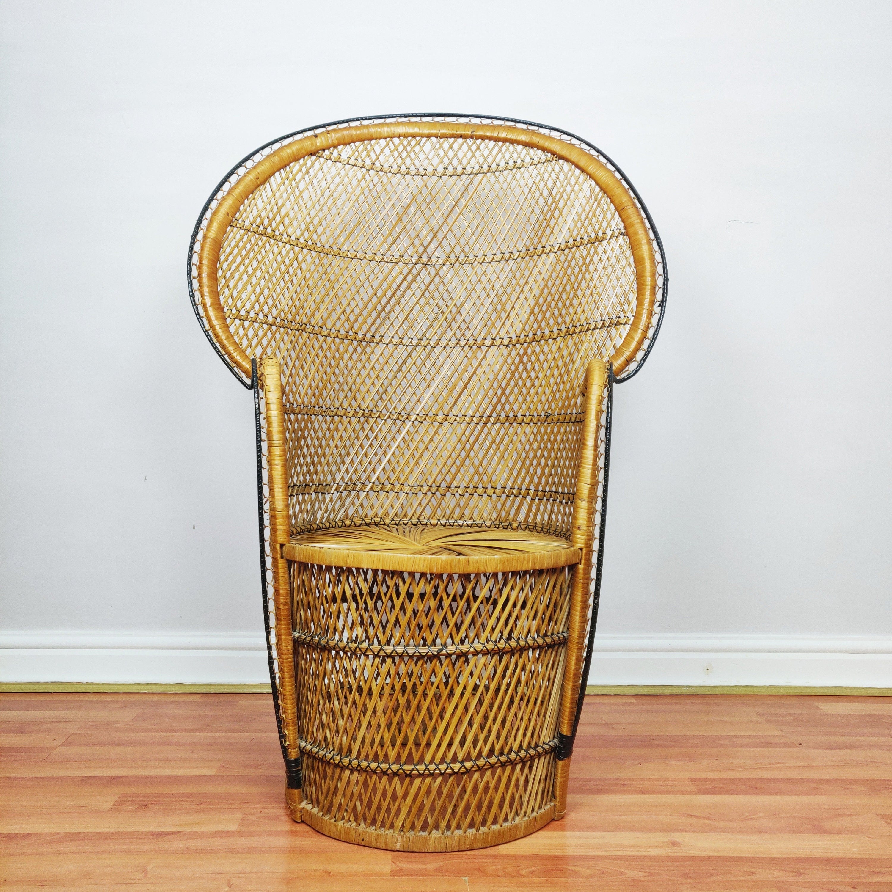 Vintage Peacock Chair Bamboo Cane, Wicker Emmanuelle Chair, Boho Tiki