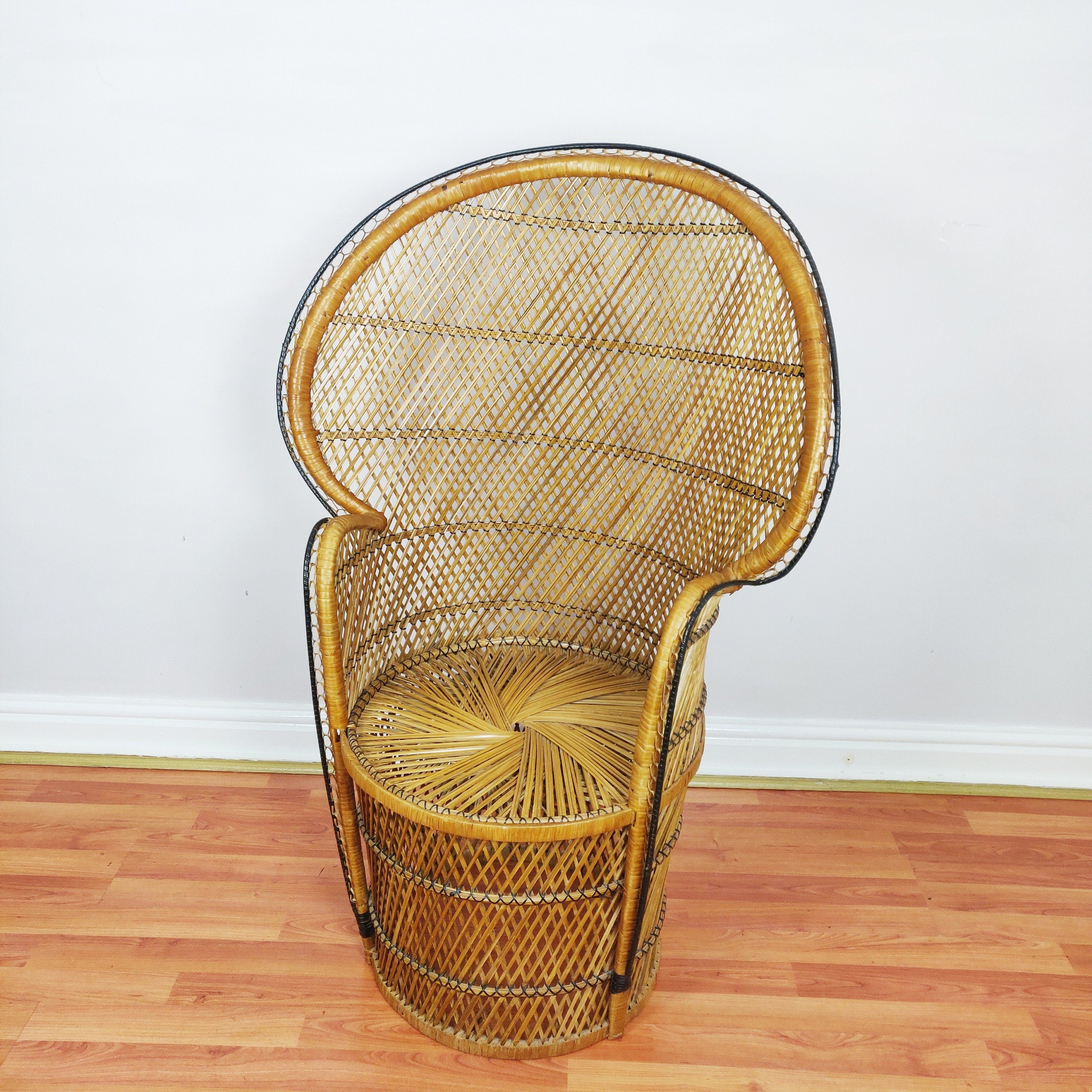 Vintage Peacock Chair Bamboo Cane, Wicker Emmanuelle Chair, Boho Tiki