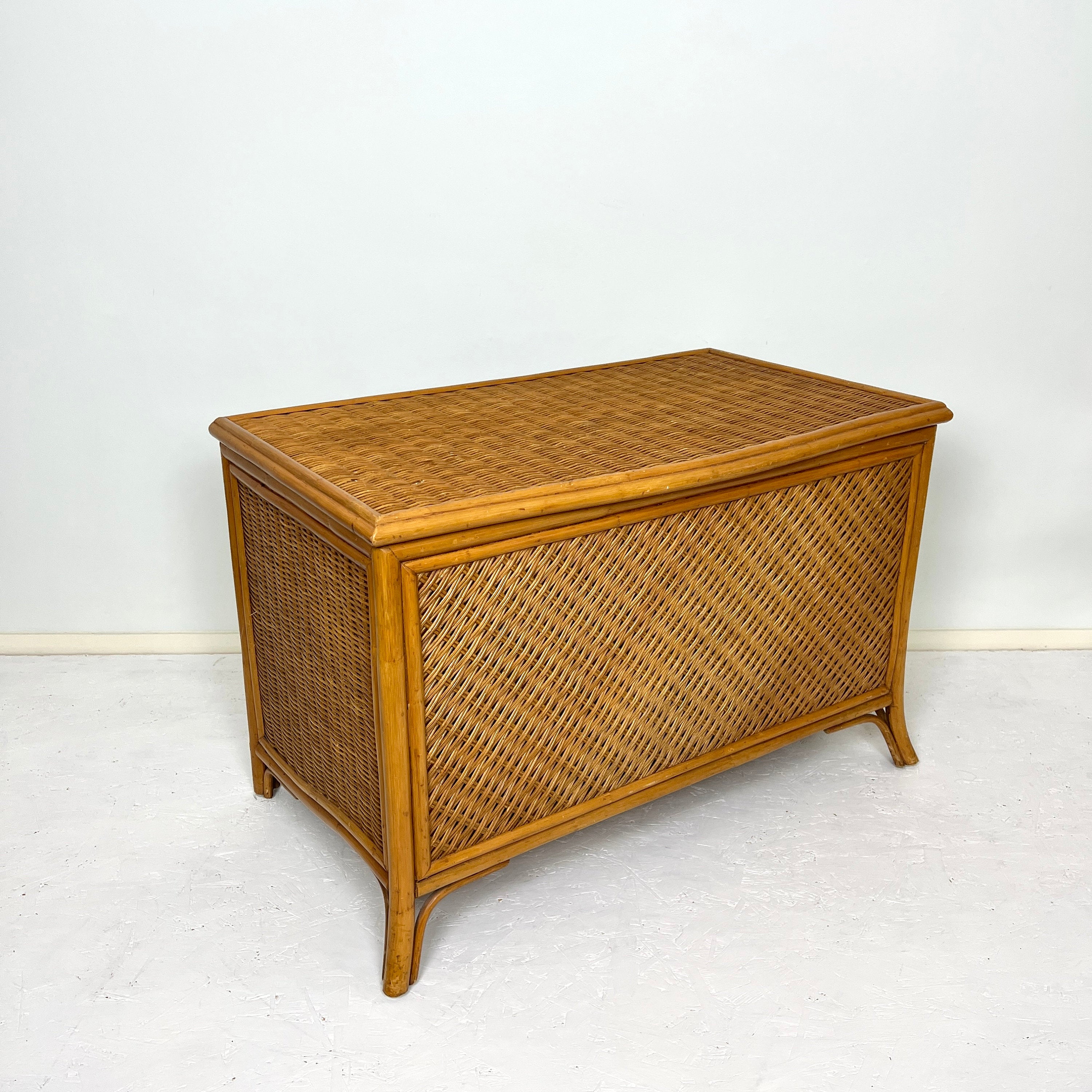 Mid Century Large Blanket Box, Vintage Wicker Storage Ottoman