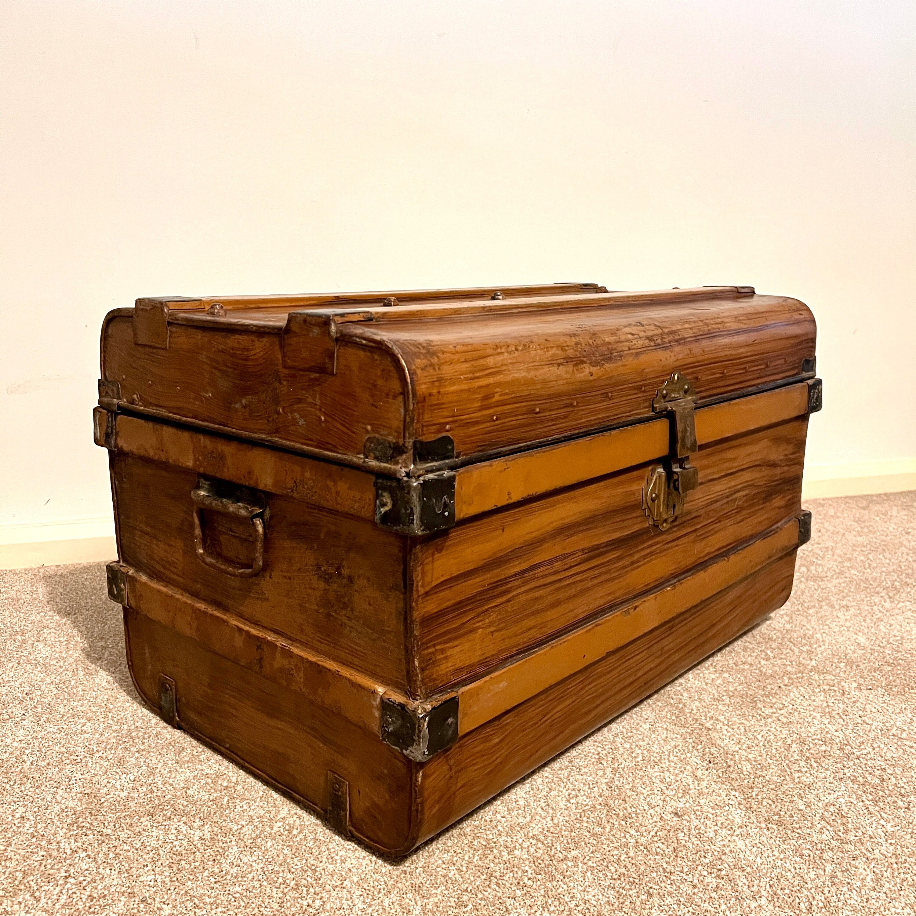 XL Vintage Metal Trunk Blanket Box, Industrial Tin Storage Chest