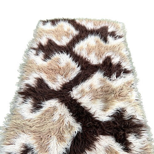 180 cm Vintage Brown Cream Beige Wool High pile Flokati Rug 70s