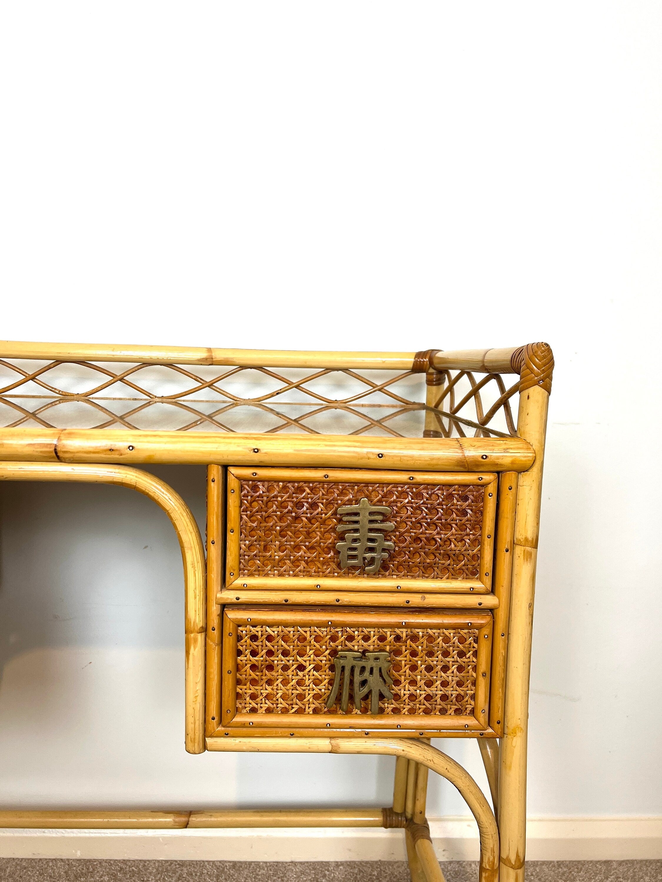 Vintage Angraves Bamboo Rattan Desk Dressing Table, Mid Century Modern Console Table Drawers, Boho