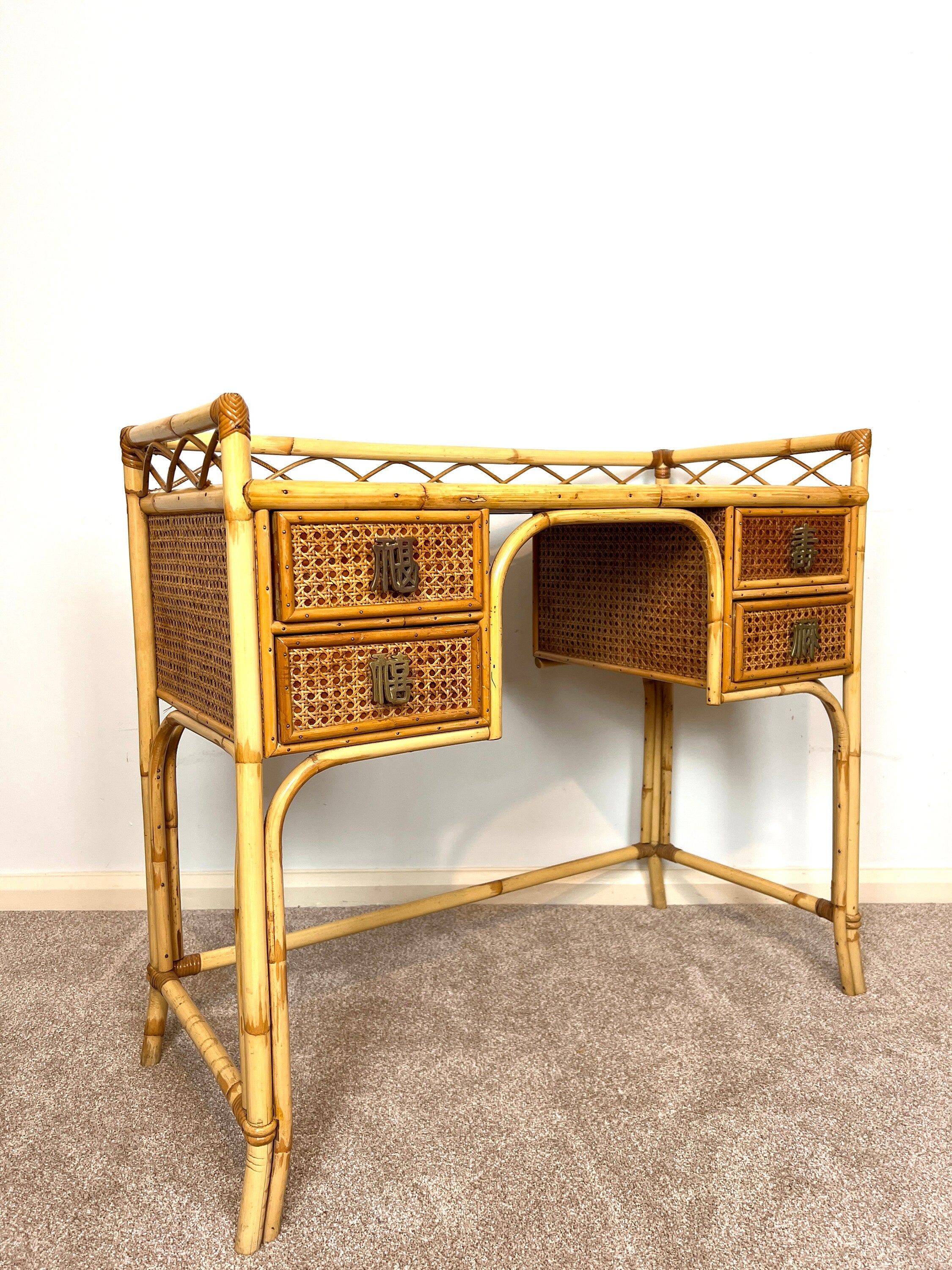 Vintage Angraves Bamboo Rattan Desk Dressing Table, Mid Century Modern Console Table Drawers, Boho