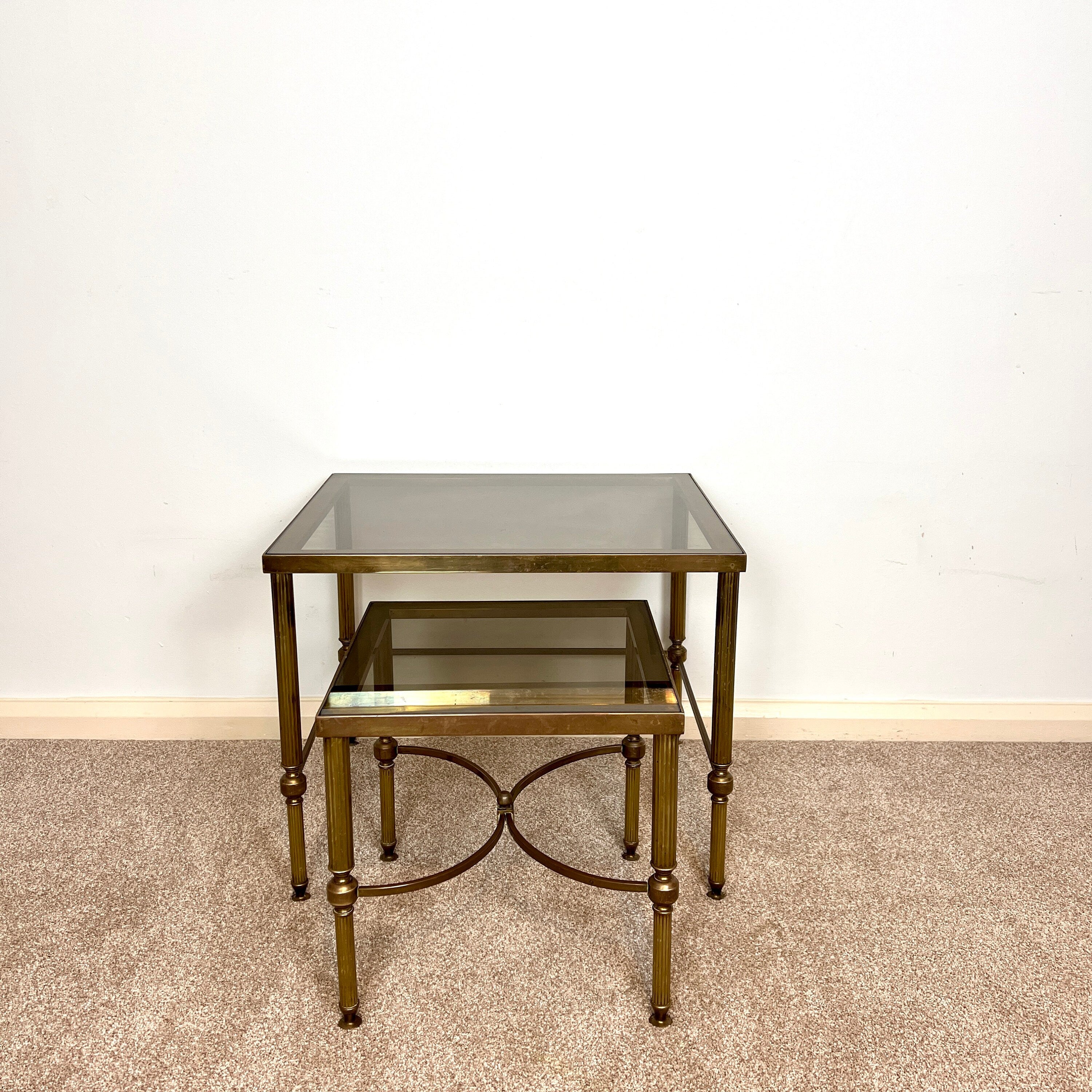 Vintage Italian Brass Nesting Tables with Smoked Glass Top,  Maison Jansen Regency Style