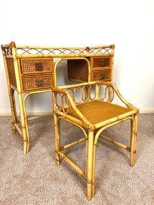 Vintage Angraves Bamboo Rattan Desk Dressing Table, Mid Century Modern Console Table Drawers, Boho