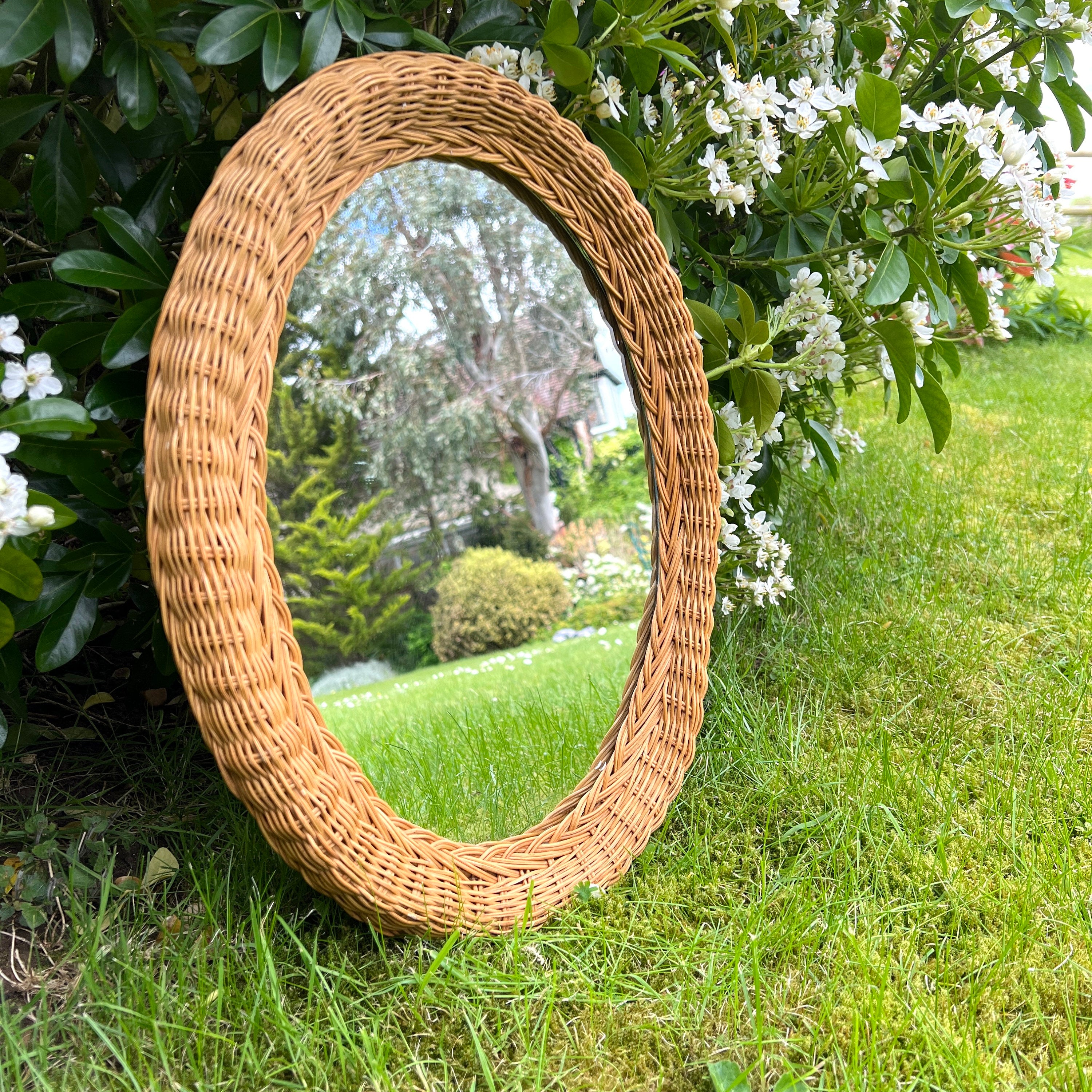 Vintage Wicker Oval Mirror, Boho Tiki
