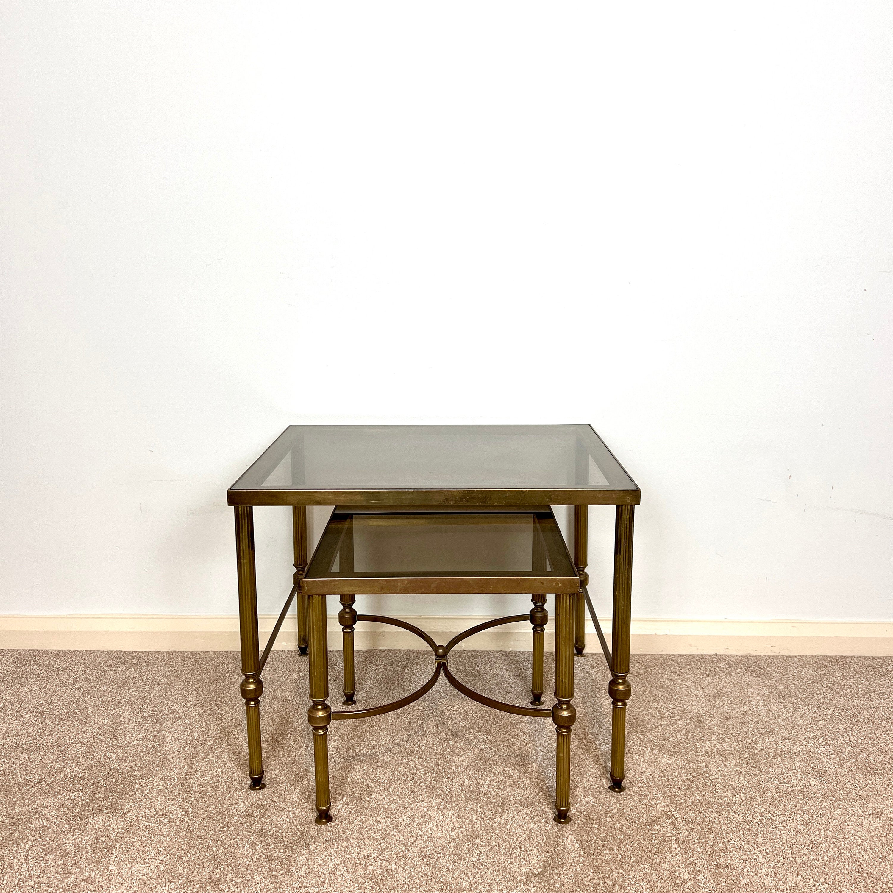 Vintage Italian Brass Nesting Tables with Smoked Glass Top,  Maison Jansen Regency Style