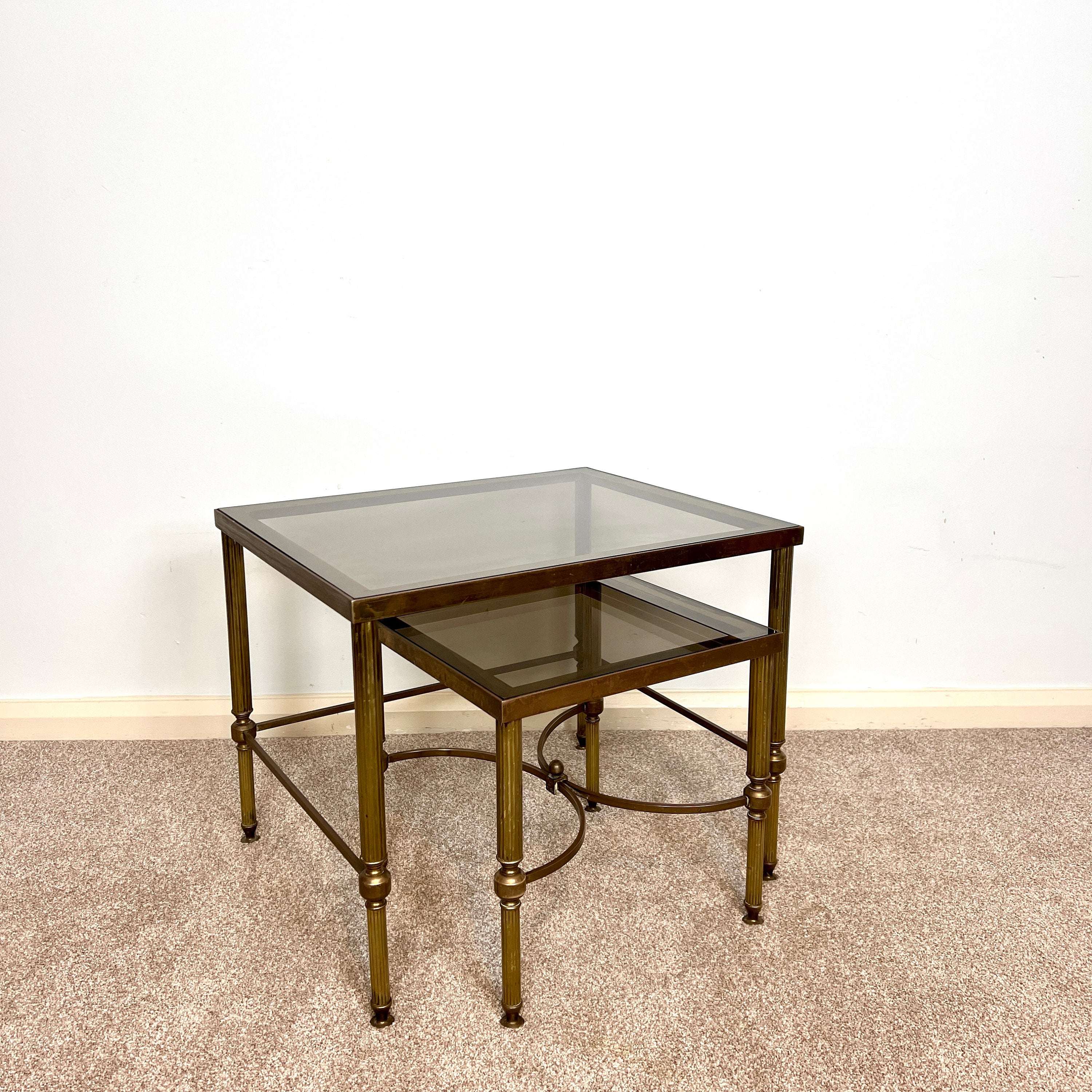 Vintage Italian Brass Nesting Tables with Smoked Glass Top,  Maison Jansen Regency Style