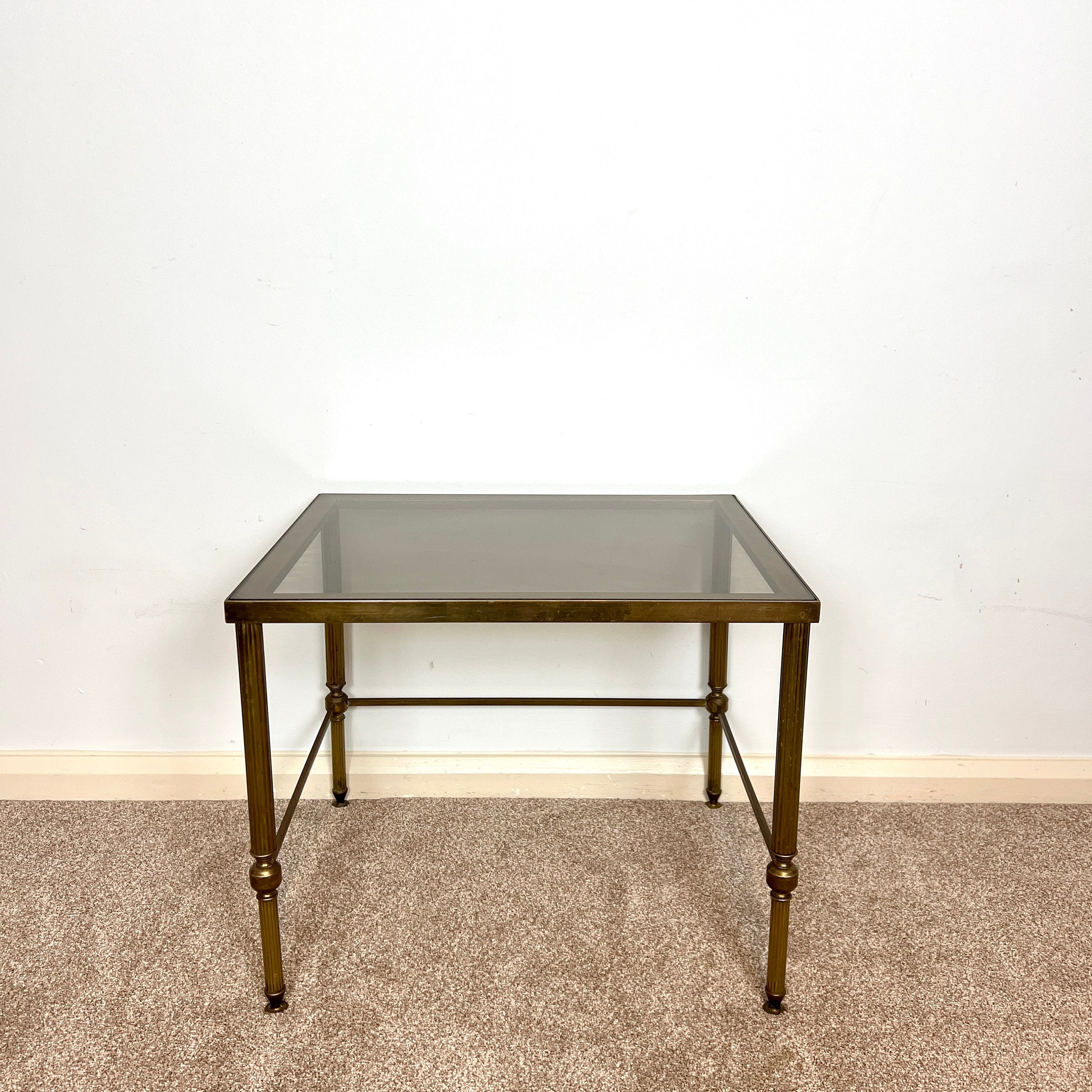 Vintage Italian Brass Nesting Tables with Smoked Glass Top,  Maison Jansen Regency Style