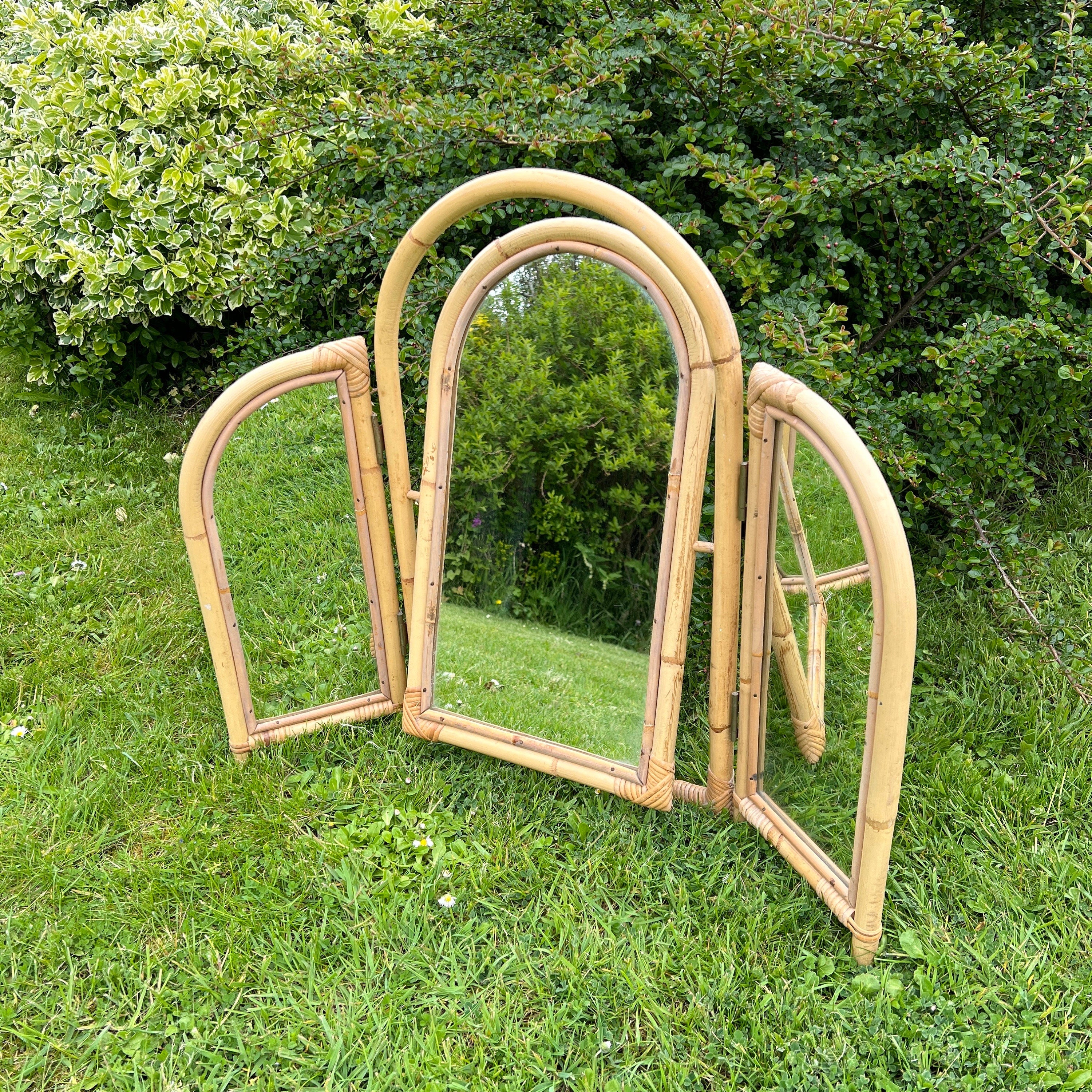 Vintage Bamboo Folding Tilted Self Standing 3 Panel Mirror, Boho Tiki