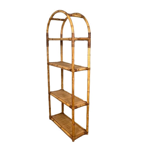 Vintage Tiki Boho Bamboo Cane Rattan Tall Shelving Unit