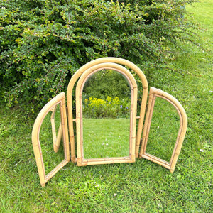 Vintage Bamboo Folding Tilted Self Standing 3 Panel Mirror, Boho Tiki