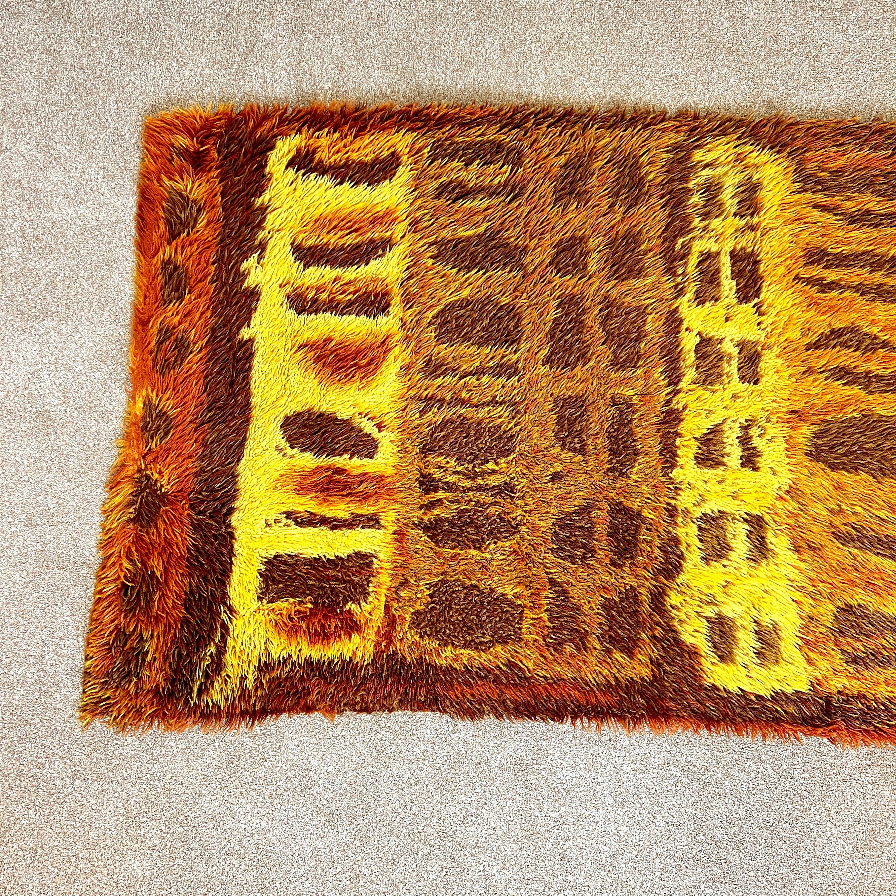 Mid Century Orange Brown Rug Rya, Vintage 70s Round Shag Style Rug, Retro 5ft x 3ft